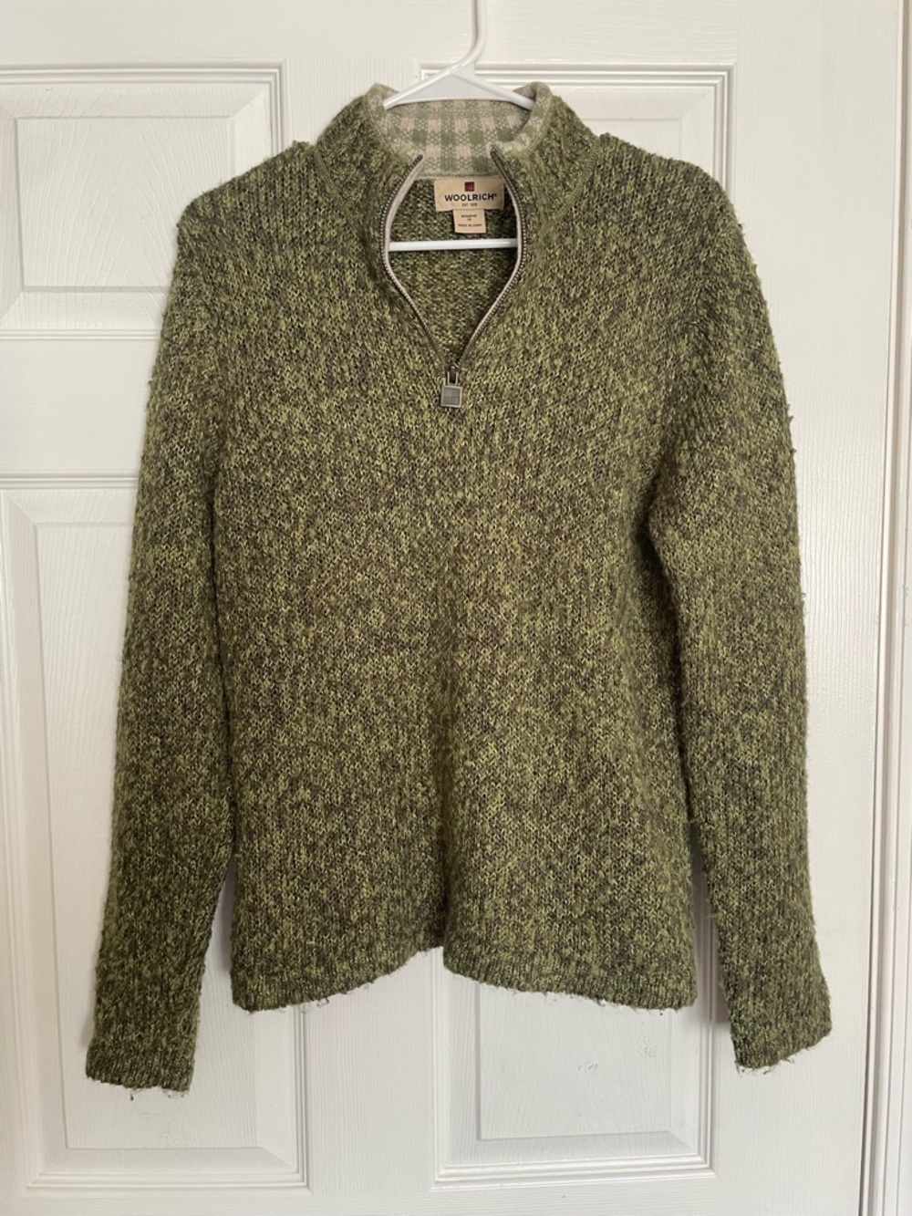 Woolrich 100% Lambswool Women's Medium Olive Green Quarter-Zip Sweater EUC